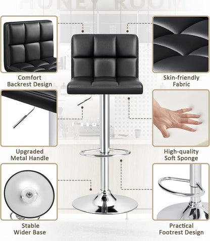 Furniwell Bar Stools Modern Pu Leather Swivel Adjustable Barstools Armless Counter Height Swivel Bar Stool Synthetic Leather Height Square Barstool with Set of 2(Black)