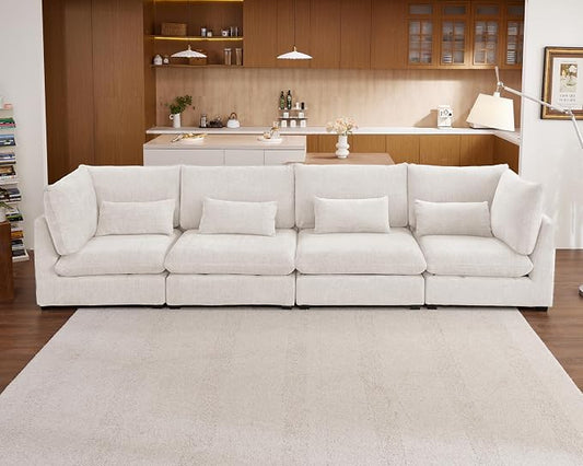 154" Oversized Chenille Couch Modular Sectional Sofa, Washable Cloud Couch Sectional, 4 Seater Sectional Couches for Living Room, Fully Cover Removable, Basic 4 Seater, Chenille, White