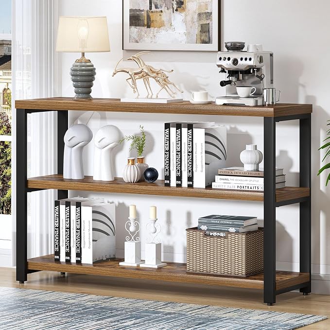 EXCEFUR Industrial Metal & Wood Console Tables for Living Room, Entryway Table with 3 Tier Storage Shelves, Sofa Hallway Table Behind Couch, Rustic Brown, 47 Inch