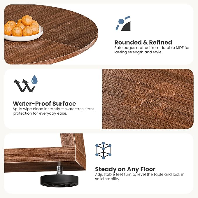 DUMOS Extendable Round Dining Table for 4-6, Modern Kitchen Oval Dinner Table with Storage Shelf, Wood Pedestal Base, Space Saving Modern Style, Brown