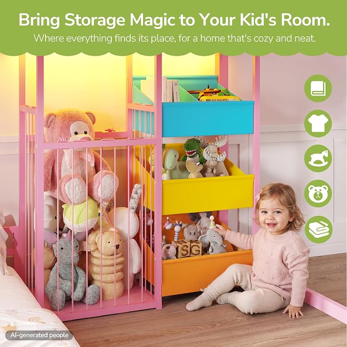 Hasuit Bunk Bed Twin Over Twin Size with Large Toy Storage Organizer and 3 Bins, Twin Bunk Beds with LED Lights, Metal L-Shaped Loft Bed with 13.4" H Safety Guardrail & Ladder, for Kids & Teens, Pink