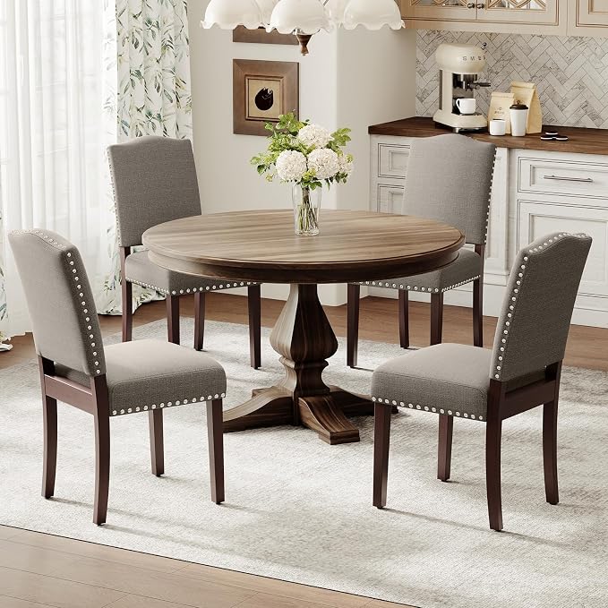 Upholstered Parsons Dining Chairs Set of 4, Modern Dining Room Chairs with Back, Fabric Kitchen Side Chairs with Wood Legs, Nailhead Trim for Dinner Farmhouse Restaurant, Taupe