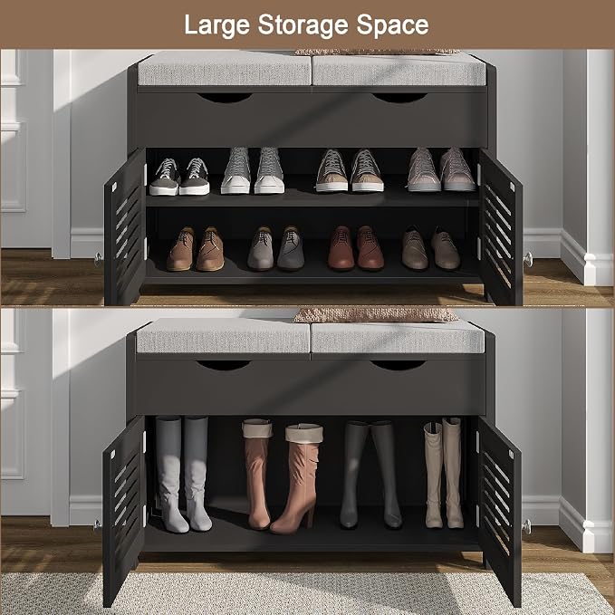 ChooChoo Shoe Storage Bench with Lift Top Storage, Entryway Bench with 2 Cushioned Seats, 3 Compartments, Adjustable Shelf, Shoe Cabinet for Entryway, Bedroom, Living Room, Black