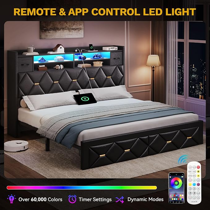 DWVO King Size Bed Frame with 2 Storage Drawers and Storage Headboard, Upholstered Platform with Charging Station and LED Light, No Box Spring Needed, Noise Free, Easy Assembly, PU Leather Black