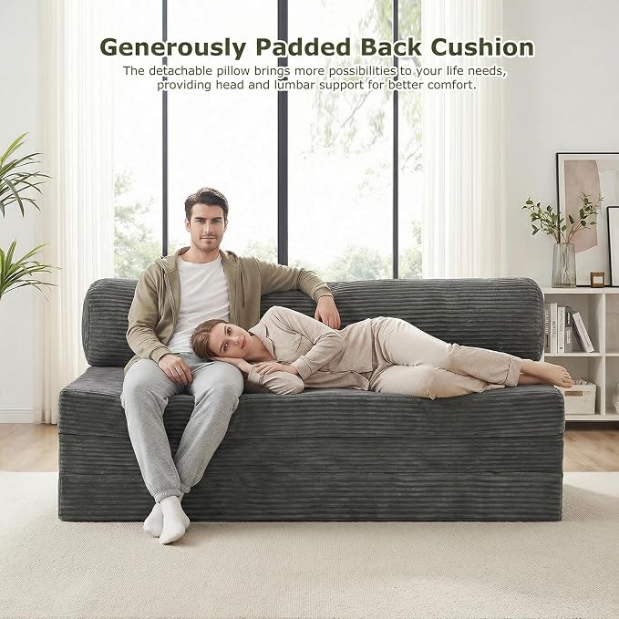 5-in-1 Convertible Sofa Bed, Boneless Loveseat, Tri-fold Futon Sofa Bed with Removable Cushions & Washable Cover, Pull Out Couch with Handle, for Small Spaces, Queen Size, Grey