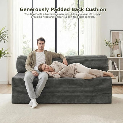 5-in-1 Convertible Sofa Bed, Boneless Loveseat, Tri-fold Futon Sofa Bed with Removable Cushions & Washable Cover, Pull Out Couch with Handle, for Small Spaces, Queen Size, Grey