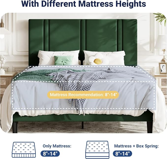Allewie Queen Platform Bed Frame with Adjustable Headboard, Plush Velvet Upholstered, Vertical Channel Tufted, Sturdy Wooden Slats, No Box Spring Needed, Easy Assembly, Green