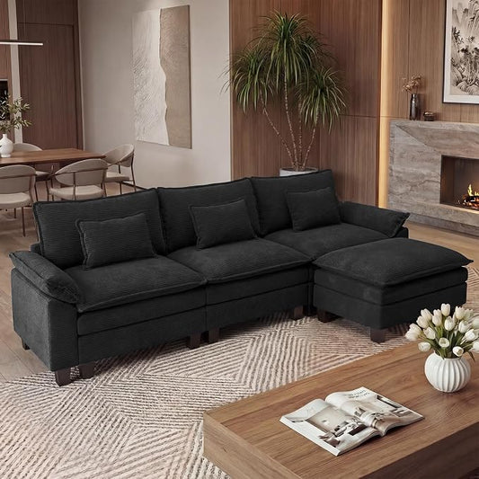 URRED Oversized Modular Sectional Sofa, 122" L Shaped Modern Comfy Cloud Couch with Movable Ottoman & Pillows, Deep Seat Couches for Living Room, Bedroom or Apartment (Corduroy Black, 122" L Shaped)