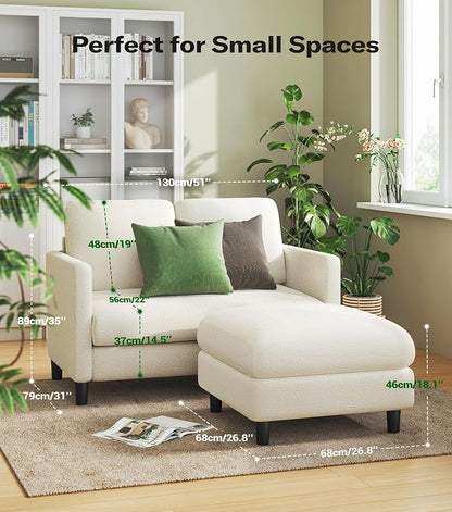 Welzona Loveseat, 51" Small L Shaped Couch, Comfy Teddy Love Seat with Ottoman Set, Tool-Free Setup Loveseat Sofa with Ottoman, All-Wood Small Sofa Couch for Bedroom, Couch for Living Room, Beige