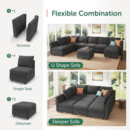 HONBAY Modular Sectional Sleeper Sofa with Storage, Modular Convertible Sectional Couch Bed Module Sleeper Couches for Living Room - Snowflake Velvet Grey