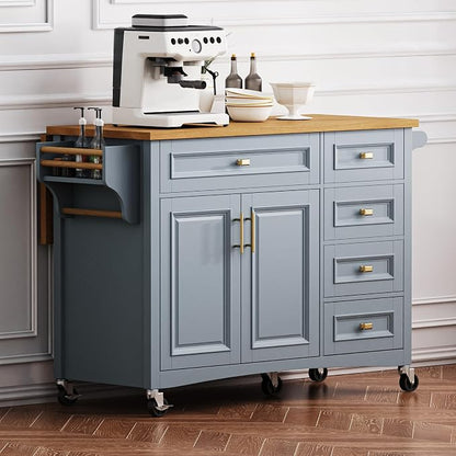 Large Kitchen Island with Rubber Wood Drop Leaf, Rolling Kitchen Cart with Ample Storage on Wheels with Doors and Drawers, Embossed Texture for Dining Room (52Inch, Grey, Golden Handle)
