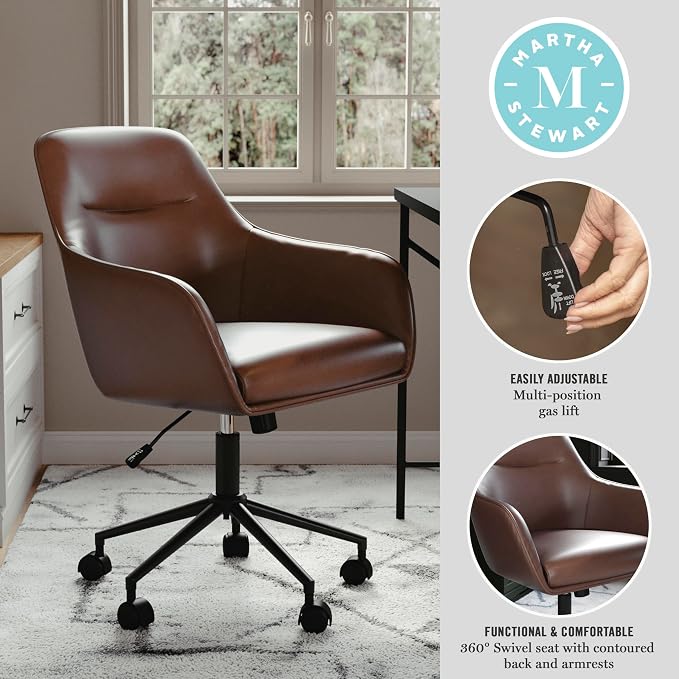 Martha Stewart Rayna Swivel Task Chair with Flared Arms for Home Office in Saddle Brown Faux Leather with Oil Rubbed Bronze Frame