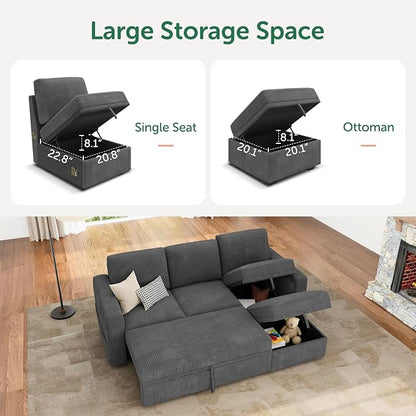 HONBAY Modular Sectional Sleeper Sofa with Pull Out Bed, L Shaped Sofa with Storage, Modular Sectional Couches for Living Room, Dark Grey