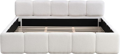 Merax King Size Boucle Platform Bed with Thick Headboard and Footboard, Block Style Upholstery Floor Bed Frame, White