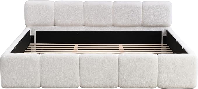 Merax California King Size Boucle Platform Bed with Thick Headboard and Footboard, Block Style Upholstery Floor Bed Frame, White