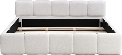 Merax California King Size Boucle Platform Bed with Thick Headboard and Footboard, Block Style Upholstery Floor Bed Frame, White