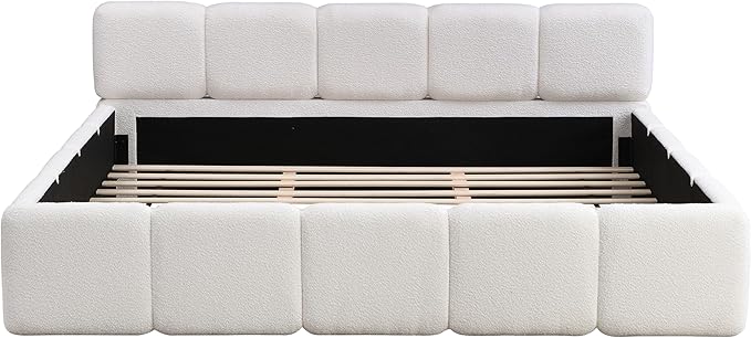 Merax King Size Boucle Platform Bed with Thick Headboard and Footboard, Block Style Upholstery Floor Bed Frame, White
