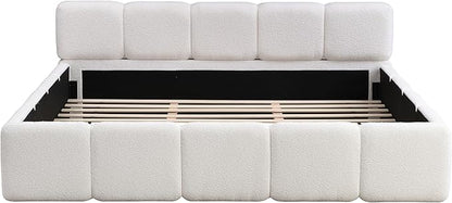 Merax King Size Boucle Platform Bed with Thick Headboard and Footboard, Block Style Upholstery Floor Bed Frame, White