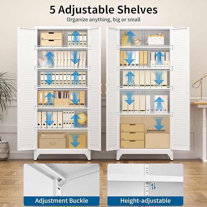 75" Metal Storage Cabinet with 5 Adjustable Shelves, White & Gold Tall Pantry Cabinet with Doors, 180 lbs Load Per Shelf, Heavy Duty Steel Organizer for Kitchen, Nursery,Garage