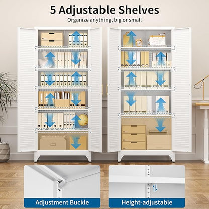 75" Metal Storage Cabinet with 5 Adjustable Shelves, White & Gold Tall Pantry Cabinet with Doors, 180 lbs Load Per Shelf, Heavy Duty Steel Organizer for Kitchen, Nursery,Garage
