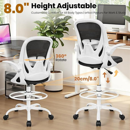 Primy Ergonomic Drafting Chair with Flip-up Armrests Tall Office Chair for Standing Desk Comfortable Desk Chair with Adjustable Footrest Ring and Lumbar Support in Gray Perfect for Home (White)