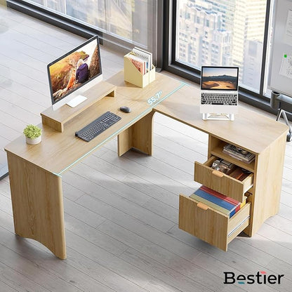 Bestier L Shaped Desk with File Drawer, 55.7" x 55" Office Computer Desk with Round Corners, Modern Desk with Monitor Stand & Fluted Panels for Home Office, Natural Oak