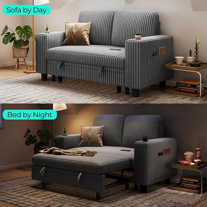 LINSY HOME Sectional Sleeper Sofa Pull Out Couches for Living Room (Grey, Pull Out Couch) | Pull Out Sofa Bed, Storage, USB Charging, Cup Holders, Plush Corduroy