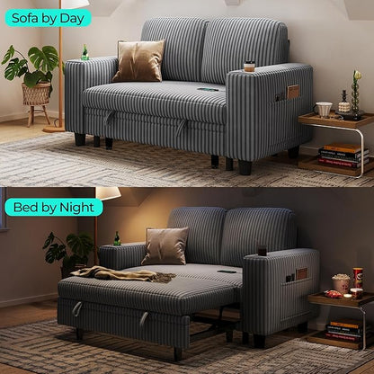 LINSY HOME Sectional Sleeper Sofa Pull Out Couches for Living Room (Grey, Pull Out Couch) | Pull Out Sofa Bed, Storage, USB Charging, Cup Holders, Plush Corduroy