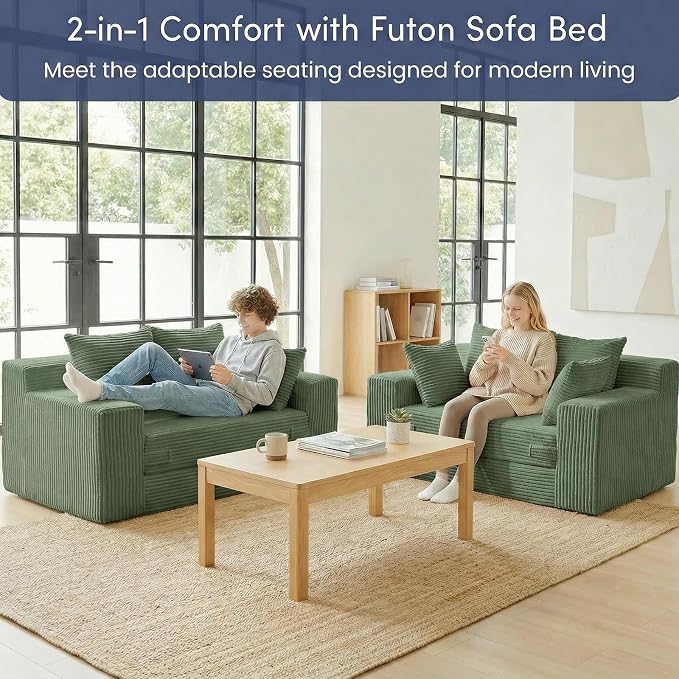 cidludto Convertible Sofa Bed, Boneless Couch 2 in 1 Loveseat Folding Couch Bed Foldable, Chair Bed & Futon Sofa Bed, Small Corduroy Pull Out Sofa with 4 Pillows for Living Room, Green