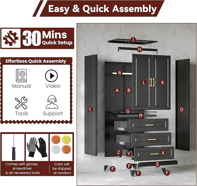 Metal Armoire Wardrobe Closet with Hanging Rod, 71" Tall Wardrobe Cabinet with Doors and 3 Drawers, Clothing Storage Cabinets for Bedroom, Home Office