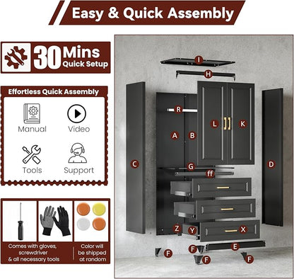 Metal Armoire Wardrobe Closet with Hanging Rod, 71" Tall Wardrobe Cabinet with Doors and 3 Drawers, Clothing Storage Cabinets for Bedroom, Home Office
