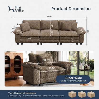 PHI VILLA Modern Modular Couches Sets, 123.6" Cloud Sectional Sofa with Upholstered Deep Seat, 3-Seater Couch for Living Room Small Spaces, Chenille Grayish Brown