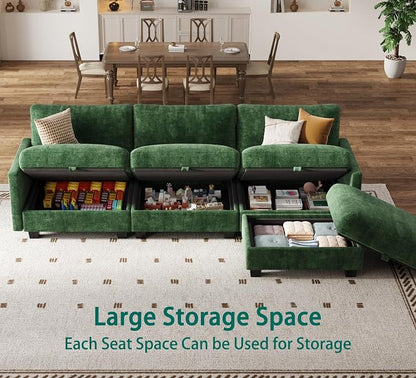 Modular Sectional L Shaped Sofa Couches for Living Room, Cloud Couch with Storage Ottoman, Comfy Chenille Sofa with Pillow, Green
