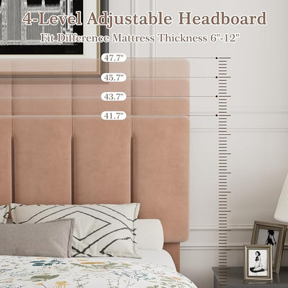 VECELO Queen Size Bed Frame with Upholstered Headboard, Heavy-Duty Bedframe with Wooden Slats & Steel Framework, Easy Assembly, Coffee