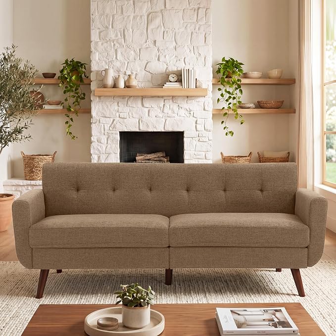 Tbfit 77.2" W Linen Sofa Couch, Mid Century Modern Decor Loveseat Couches for Living Room, Button Tufted Upholstered Small Couch for Bedroom, Solid, and Easy to Install Love Seats Furniture, Brown