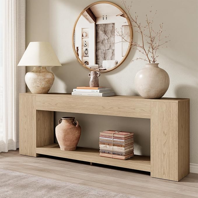 Epecoya Console Table for Entry Way with Storage 86 Inch, Extra Long Sofa Table Behind Couch for Living Room, Wooden Entryway Entrance Table with 2-Tier Shelves, Light Oak Brown