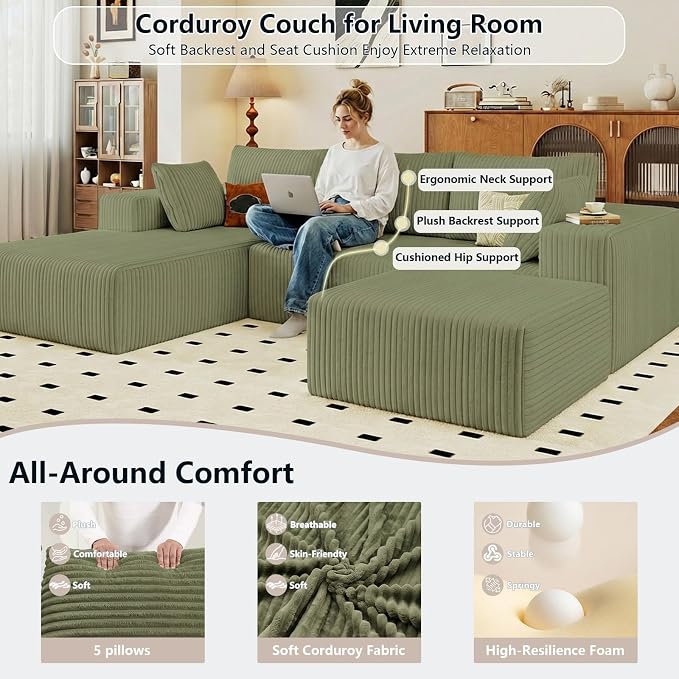 95" Cloud Sectional Couch U-Shaped Chaise with Ottoman, Corduroy Boneless Couch for Living Room Bedroom, Deep-Seat Upholstered Modular Cloud Sofa, No Assembly Required (Green, Left Facing Chaise)