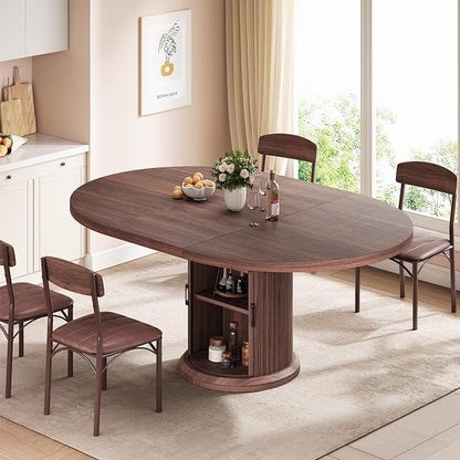 Jocoevol Extendable Round Kitchen Dining Room Table for 4-6 with 2-Tier Storage Shelf, 63'' Space Saving Expandable Wood Oval Circle Dinner Furniture with Pedestal Base (Brown)
