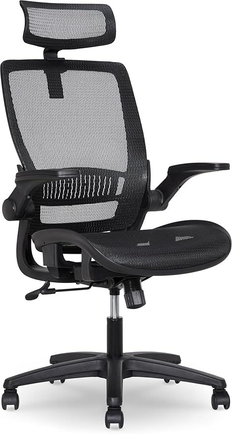 Amazon Basics Ergonomic High-Back Office Chair, Breathable Mesh, 360° Swivel, Easy to Assemble, Comfortable Flip-Up Armrests, 25.5"D x 26.25"W x 49.25"H, Black