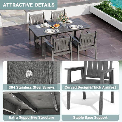 Pamapic 5-Piece Outdoor Dining Set, HDPE Outdoor Rectangular Table and 4 Chairs, Wood Grain Patio Furniture Sets with Armrest, All-Weather Patio Dining Table with Umbrella Hole, Gray