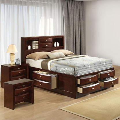 Furniture of America Darius Transitional Solid Wood 3-Piece Queen Platform Bedroom Set with Drawers, Bookcase Headboard and Knob Pulls, Mattress Ready, Dark Cherry