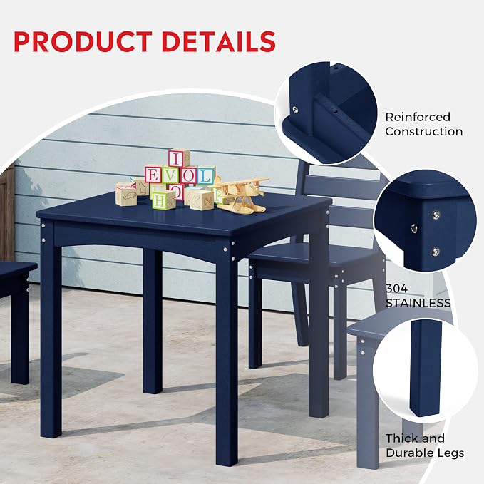 Costaelm Kids Table and 4 Chair Set, Activity Table Chair Set, Toddler Game, Playroom Furniture, Picnic Table Chairs, 5 Piece Dining Table Set, Navy Blue