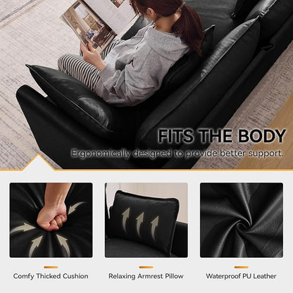 76'' Cloud Deep Seat Loveseat, Upholstered Leather Modular 2-Seats Sectional Sofa Couch, Modern Comfy Settee Loveseat for Living Room Set, Small Apartment, Leather Black