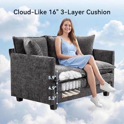 Loveseat Sofa Couch, Small Mini Compact 50" Love Seat 27" Deep Cloud Sofa Seat Washable Chenille Pillow for Apartment Bedroom Dorm Attic Studio Office Living Room Small Space 8833-GREY