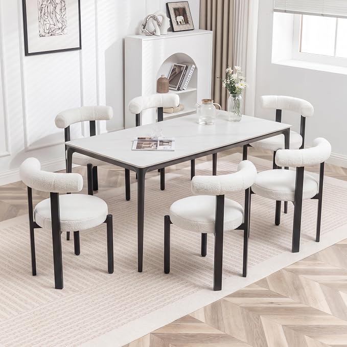 Boucle Dining Chairs Set of 6, Mid Century Modern Dining Room Chairs with Curved Backrest and Black Metal Legs, Upholstered Round Dining Accent Chairs for Kitchen, Living Room, Bedroom (Beige)