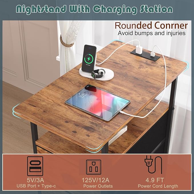 sthmec End Table with Charging Station, Narrow Side Table with 2 Drawers, Nightstands with Drawers, USB Ports & Power Oulets,Slim Sofa Side Tables for Small Spaces,Living Room,Bedroom,Rustic Brown