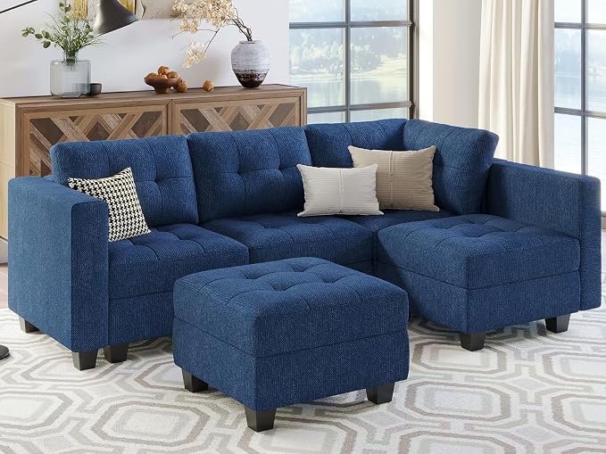 Belffin Blue L Shape 5 Seat Sofa with Storage, Reversible Chaise, Modern Sectional Cotton Polyester Wood Sofa