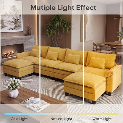 URRED Oversized Modular Sectional Sofa, 157" U Shaped Modern Comfy Cloud Couch with Movable Ottoman & Pillows, Deep Seat Couches for Living Room, Bedroom or Apartment (Chenille Yellow, 157" U Shaped)