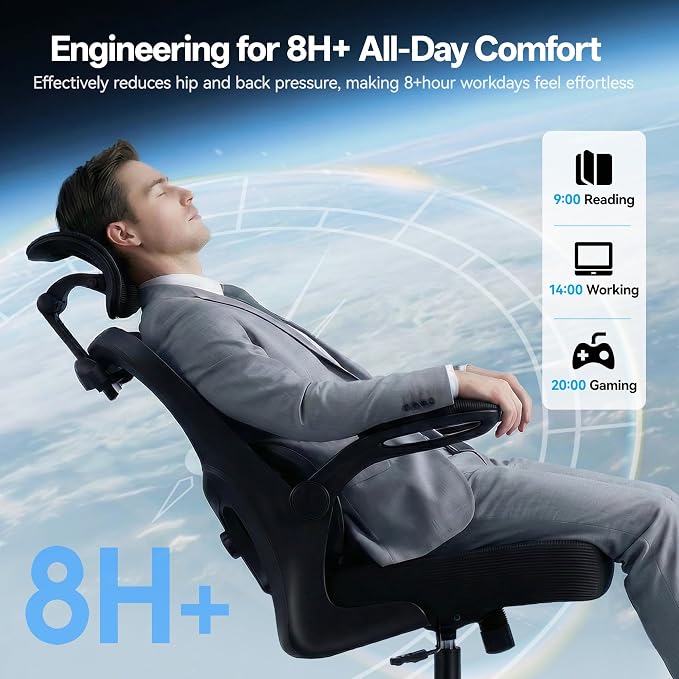 AreShark Office Chair-Ergonomic Desk Chair with Hidden Hanger & Flip-Up Arms, High Back Mesh Computer Chair with 2D Headrest & Adjustable Lumbar, Comfy Rolling Task Chair for Home Work Gaming, Black