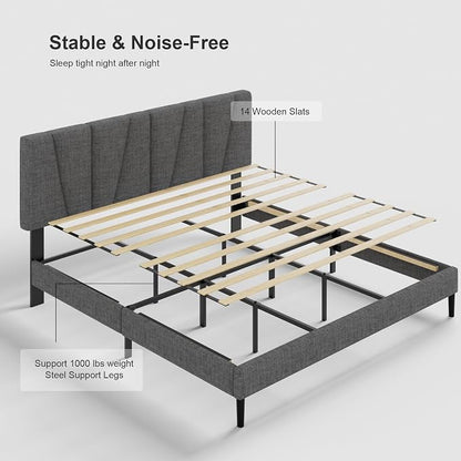HAOARA King Size Bed Frame with Fabric Upholstered Headboard, Platform Bed with Wooden Slats Support, Fully Mattress Foundation, Box Spring Optional, Easy Assembly